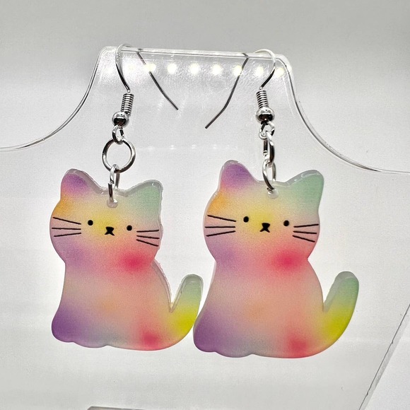 Tye Dye Kitty Cat Earrings - Pastel Earrings - Kitten Earrings - Picture 1 of 10
